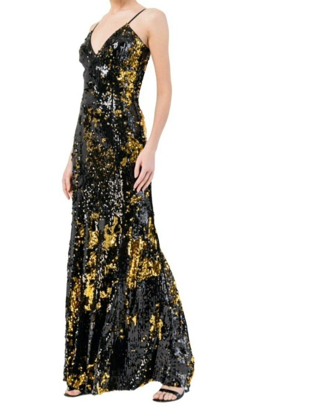 KikiRiki Sleeveless Sequin V-Neck Maxi Dress Black Gold Size Small NWT